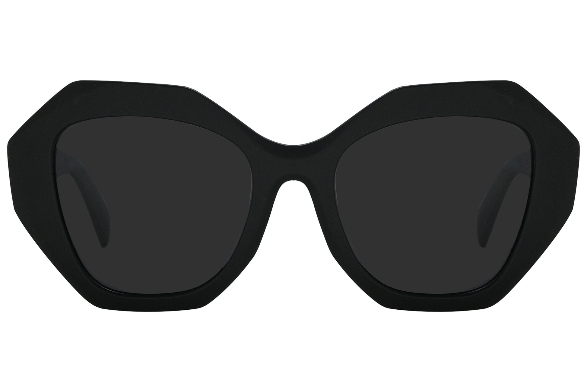 Rexus Black Color Hexagonal Sunglasses Viewed From Front Angle.