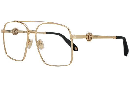 roberto-cavalli geometric gold eyeglasses frame viewed from a 45-degree angle.