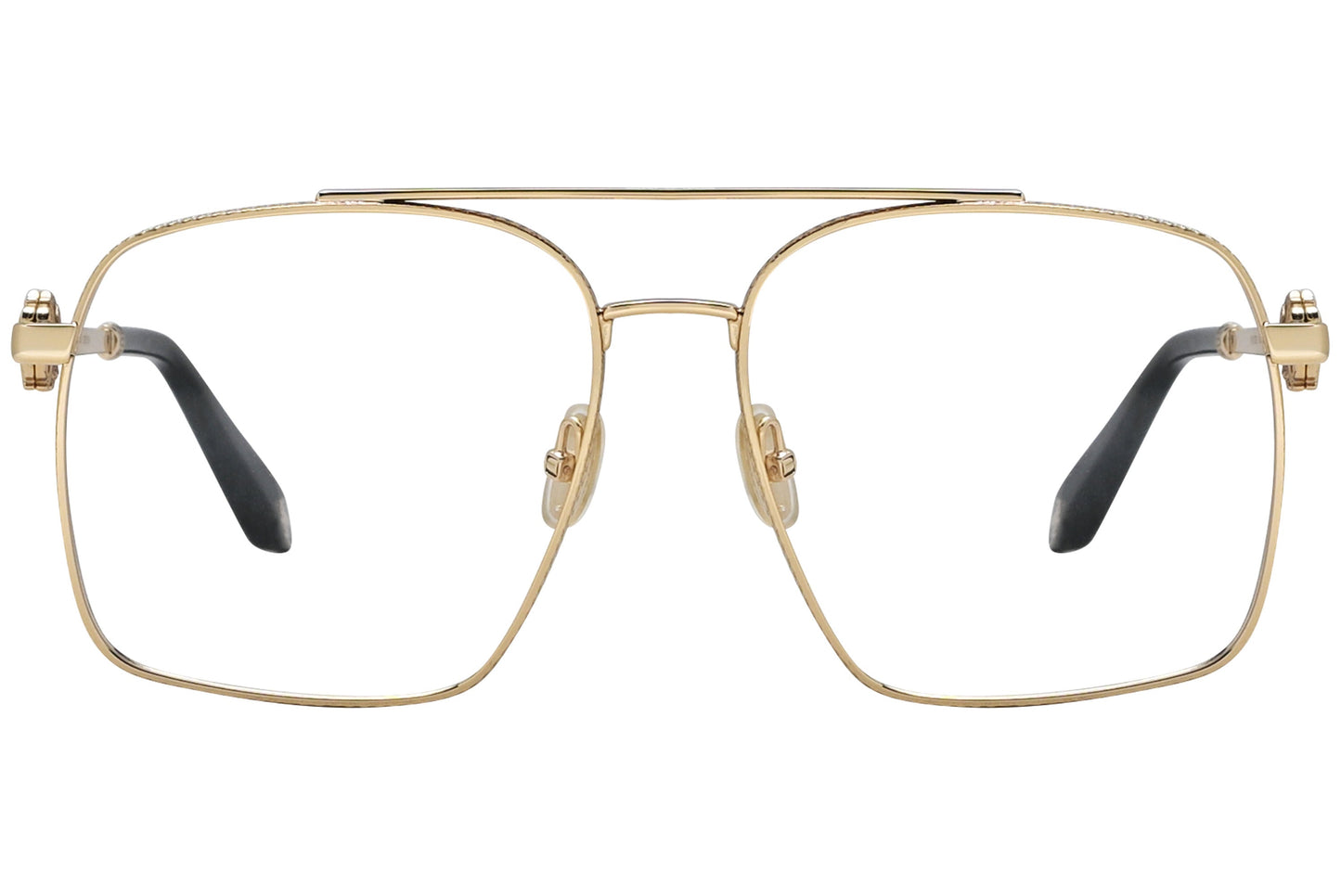 roberto-cavalli geometric gold eyeglasses frame viewed from a 90-degree angle.