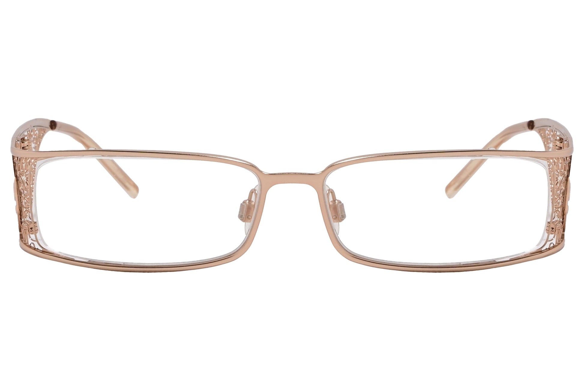 roberto cavalli wrap around sorrell brown eyeglasses frame viewed from front angle.