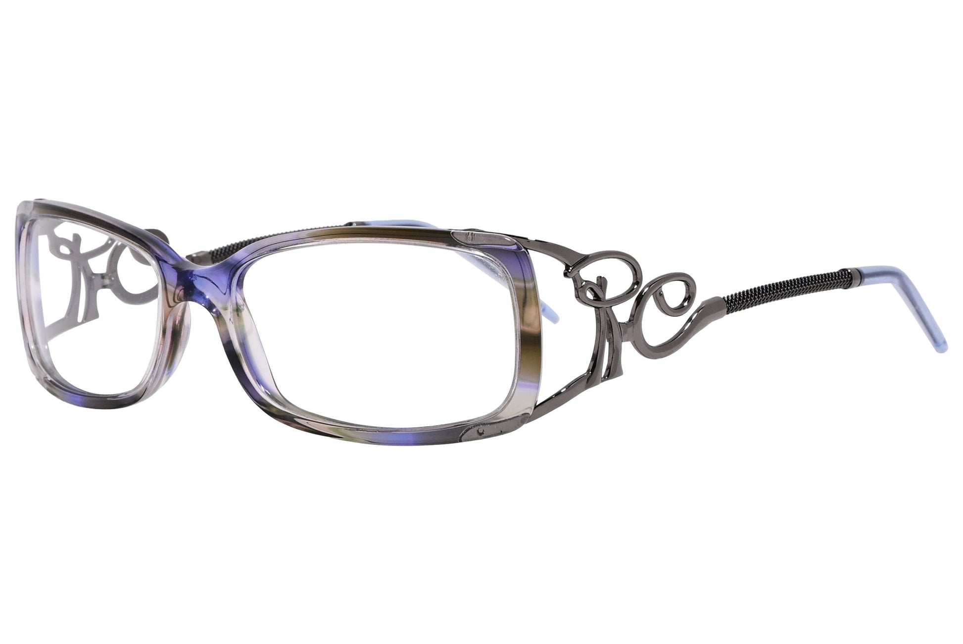 roberto cavalli wrap around purple with gray eyeglasses frame viewed from a 45-degree angle.