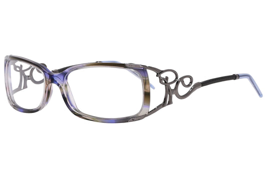 roberto cavalli wrap around purple with gray eyeglasses frame viewed from a 45-degree angle.