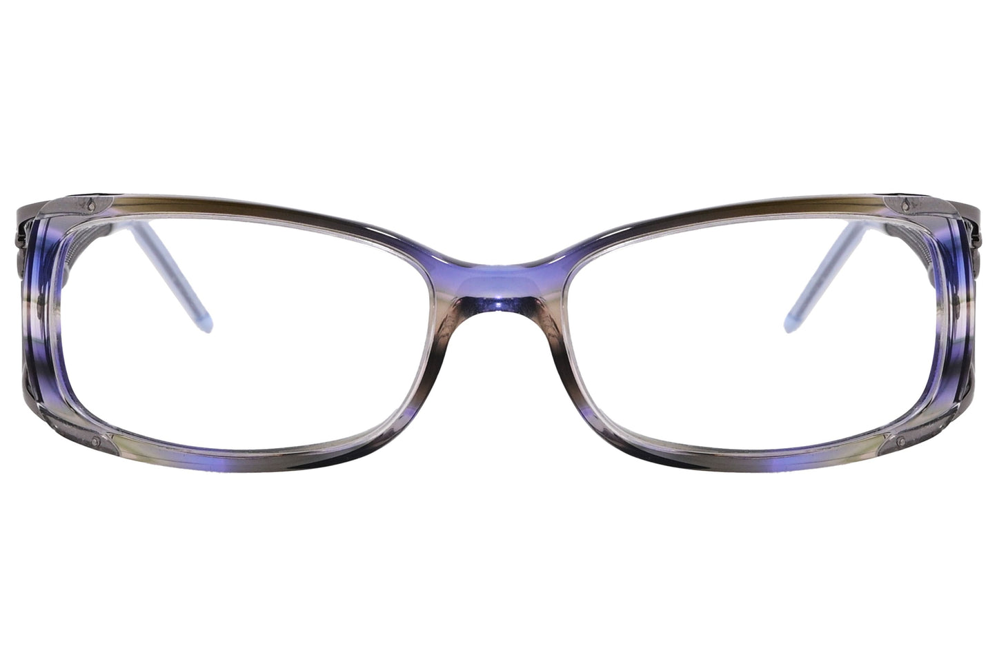 roberto cavalli wrap around purple with gray eyeglasses frame viewed from front angle.