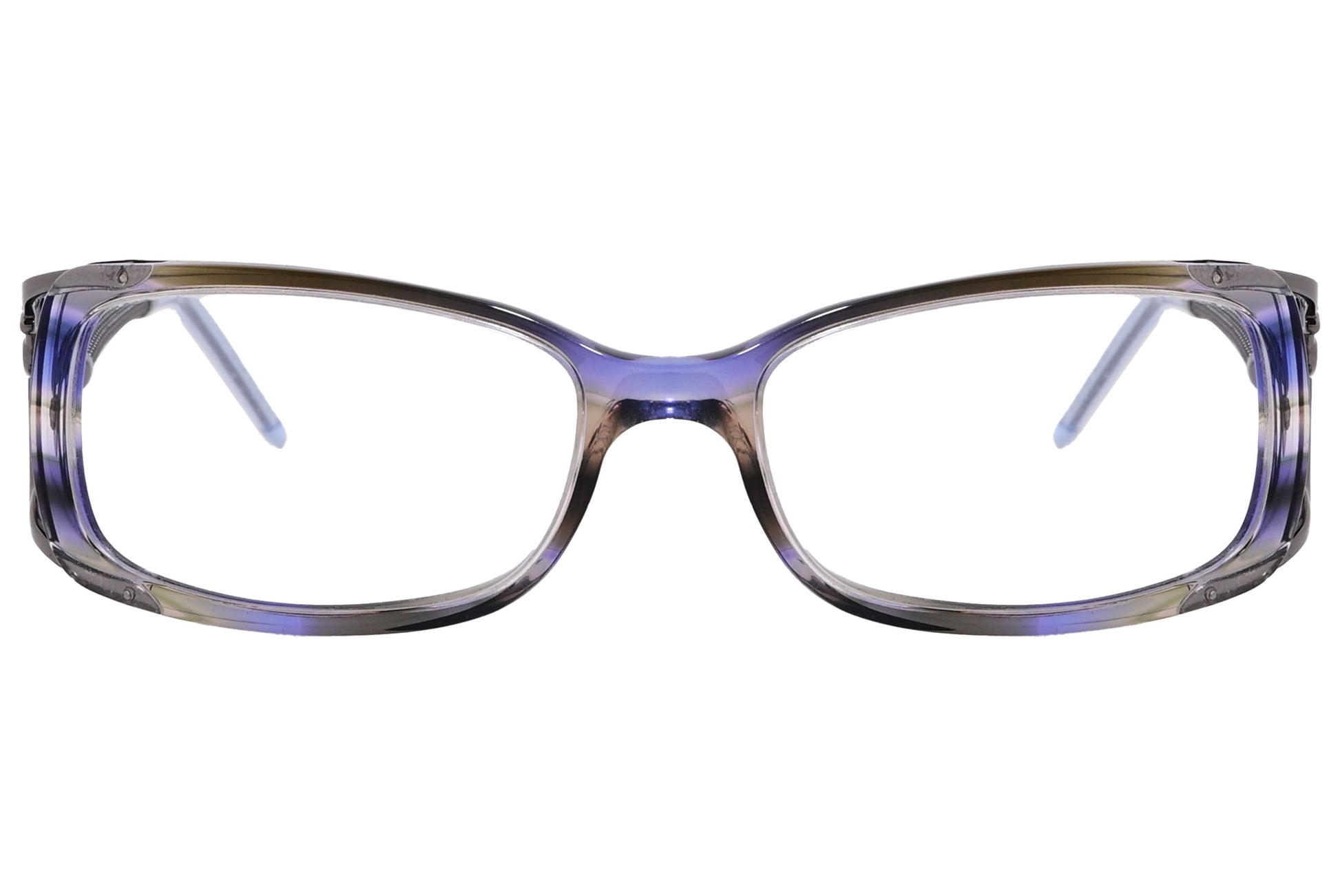 roberto cavalli wrap around purple with gray eyeglasses frame viewed from front angle.