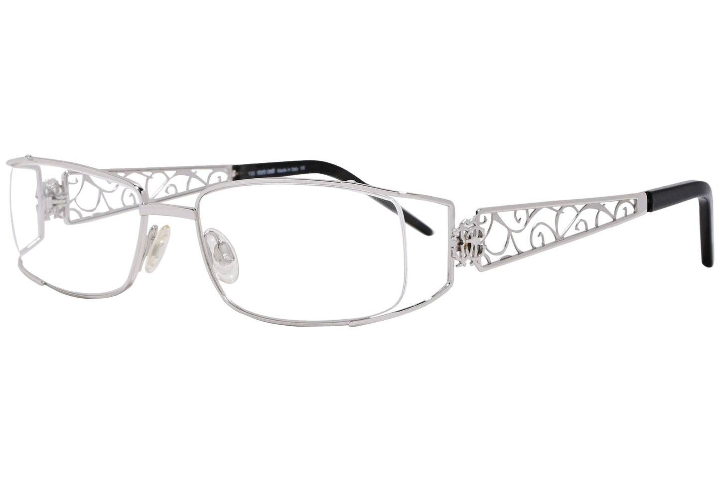 roberto cavalli wrap around silver eyeglasses frame viewed from a 45-degree angle.