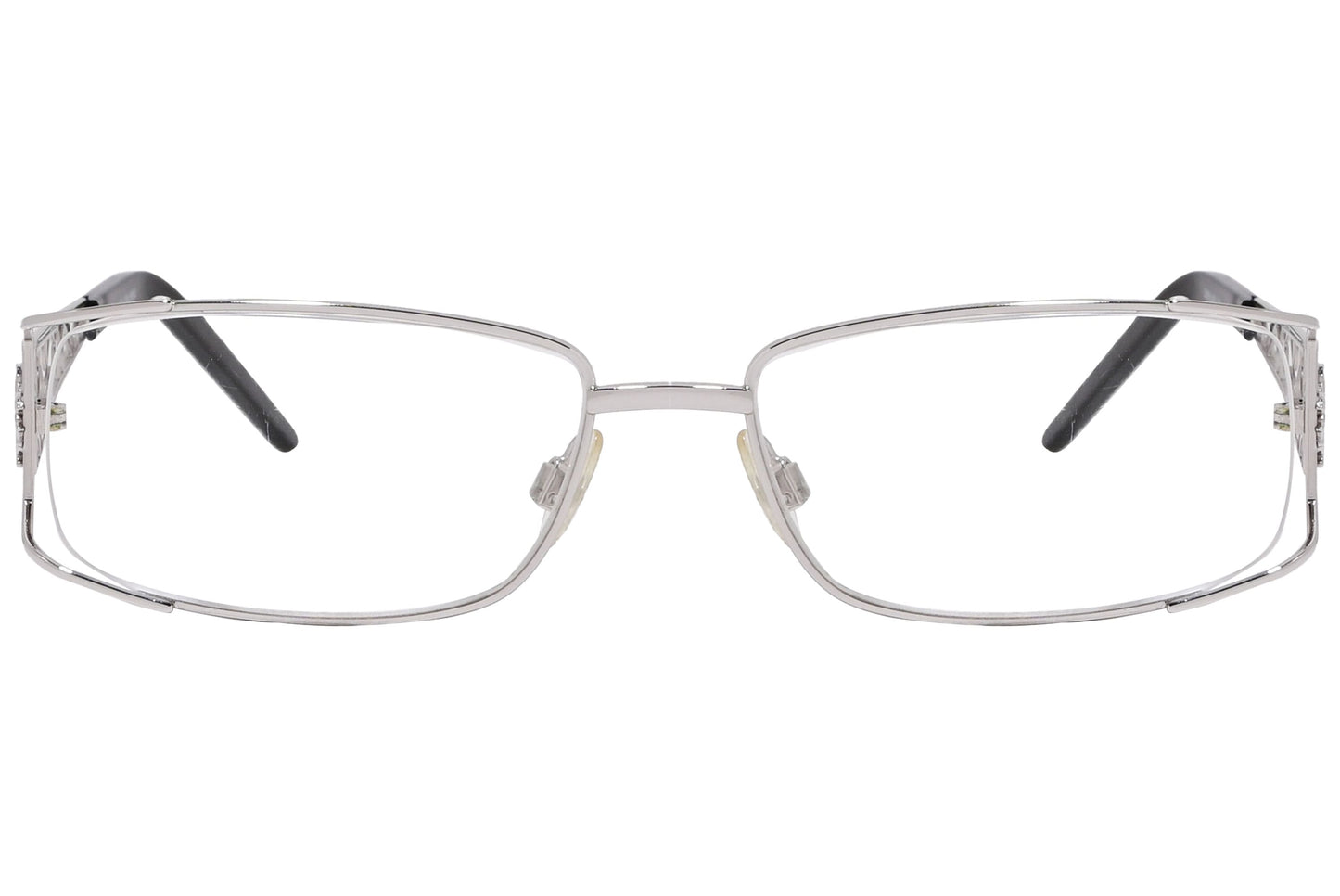 roberto cavalli wrap around silver eyeglasses frame viewed from front angle.