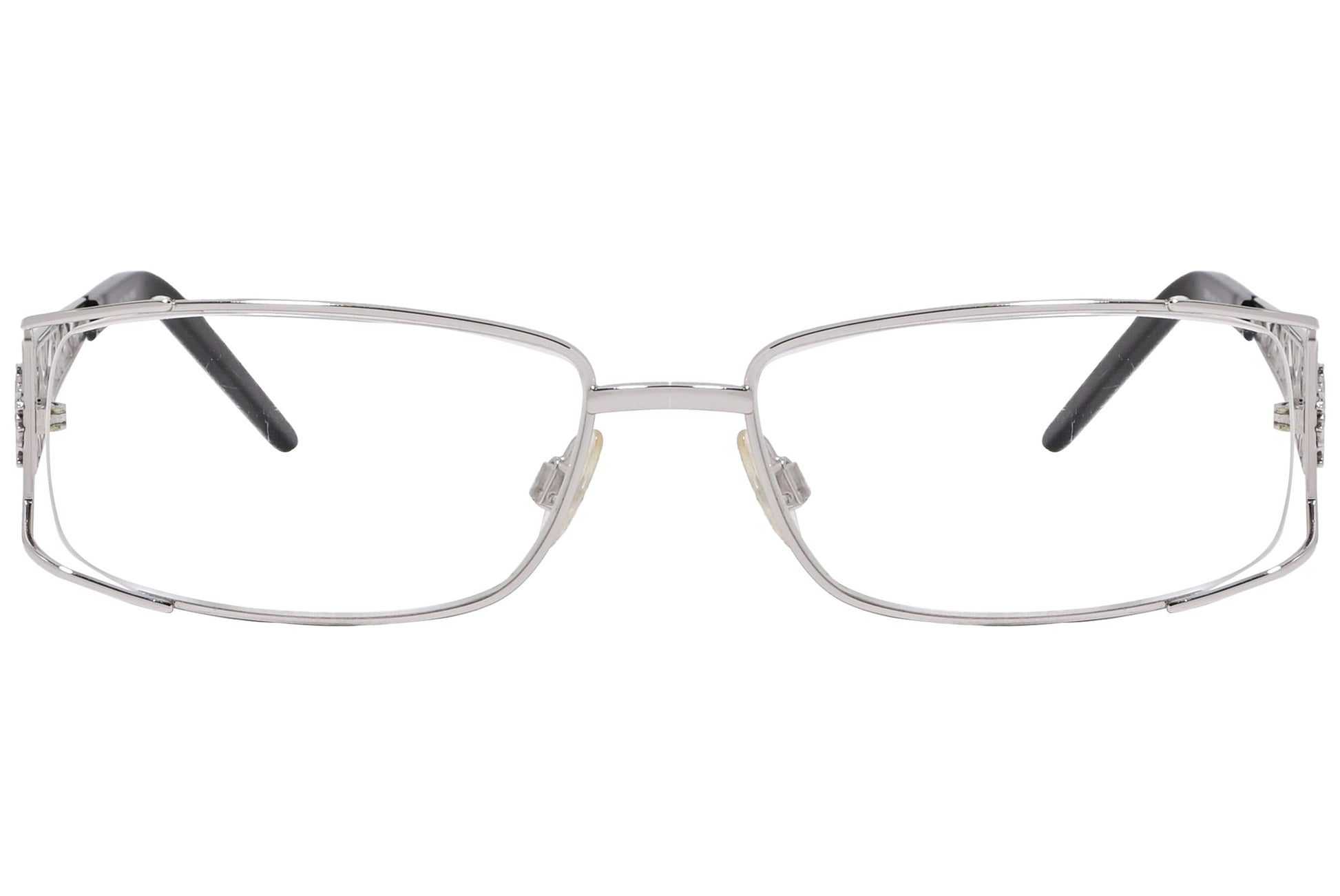 roberto cavalli wrap around silver eyeglasses frame viewed from front angle.