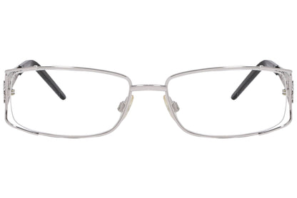 roberto cavalli wrap around silver eyeglasses frame viewed from front angle.