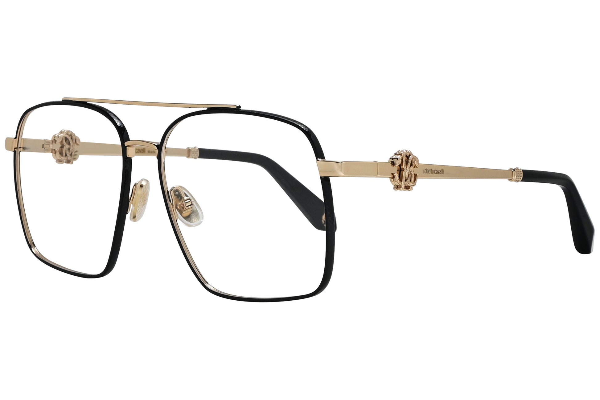 roberto-cavalli geometric gold with black eyeglasses frame viewed from a 45-degree angle.