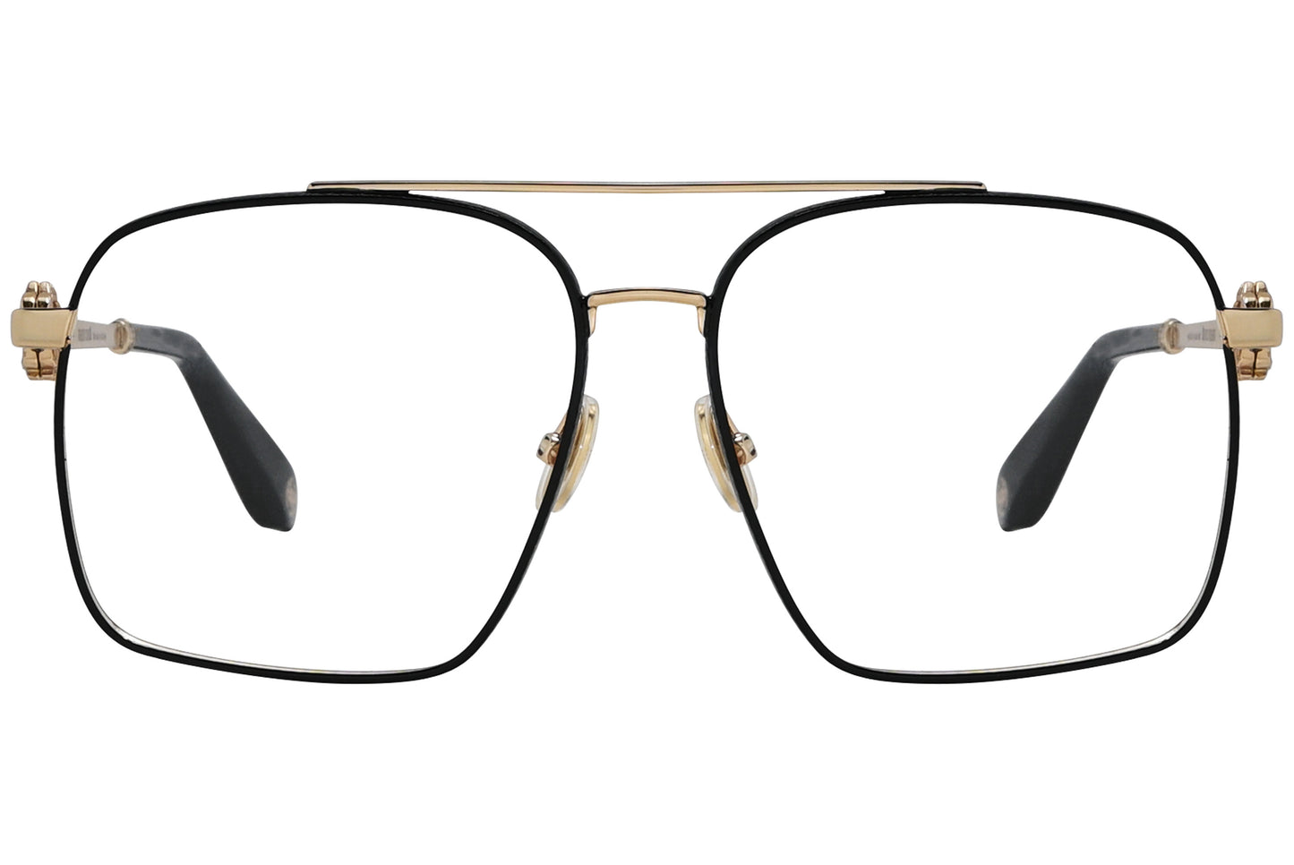 roberto-cavalli geometric gold with black eyeglasses frame viewed from a 90-degree angle.