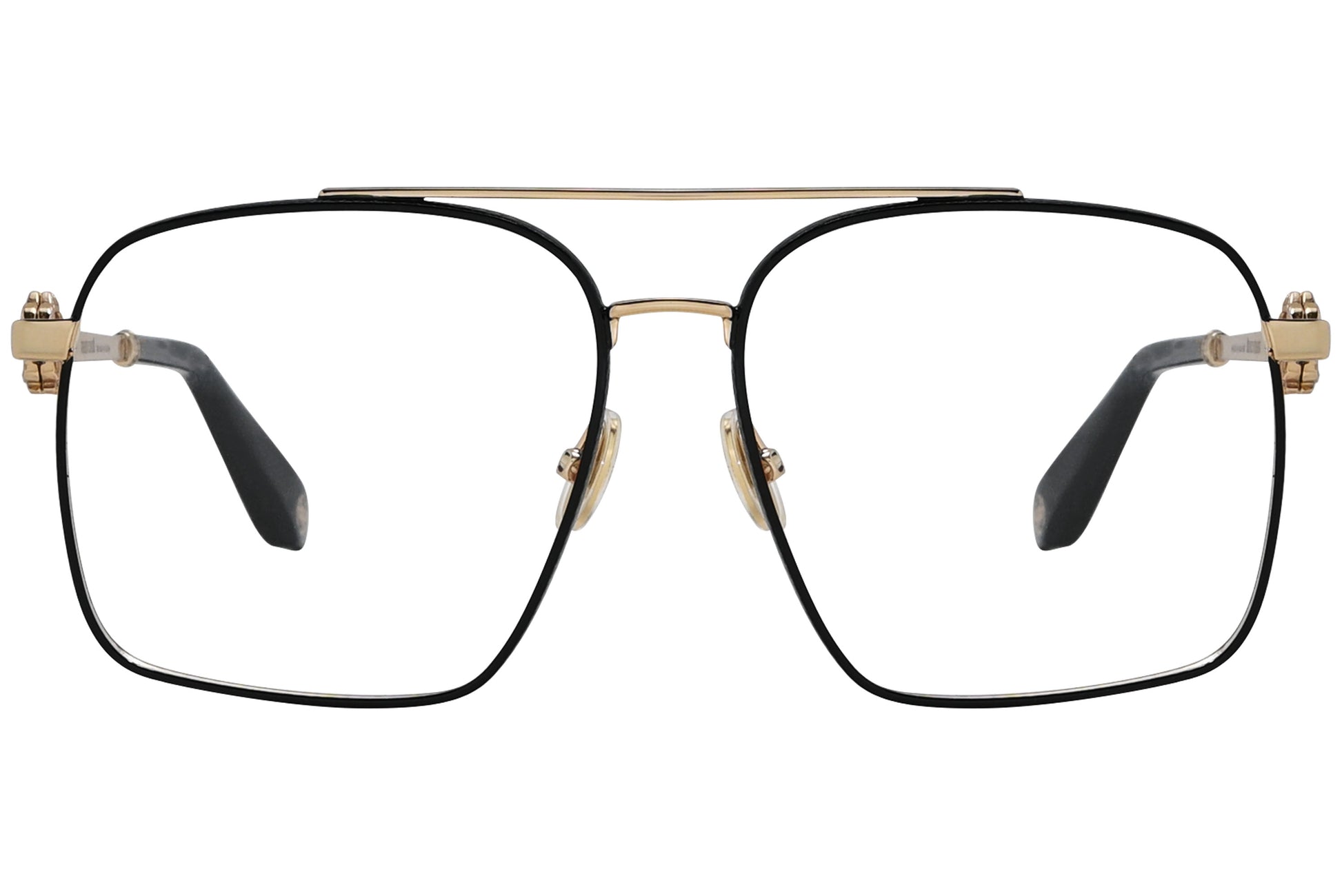 roberto-cavalli geometric gold with black eyeglasses frame viewed from a 90-degree angle.