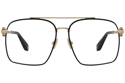 roberto-cavalli geometric gold with black eyeglasses frame viewed from a 90-degree angle.