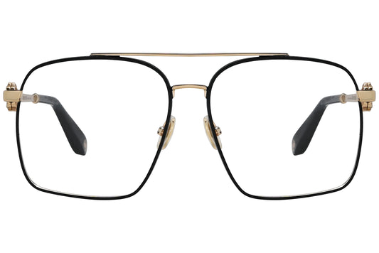 roberto-cavalli geometric gold with black eyeglasses frame viewed from a 90-degree angle.