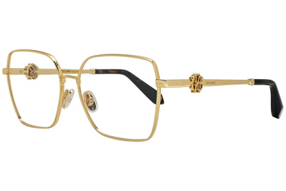 roberto-cavalli geometric gold with black eyeglasses frame viewed from a 45-degree angle.