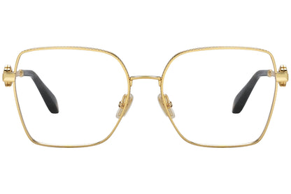 roberto-cavalli geometric gold eyeglasses frame viewed from a 90-degree angle.