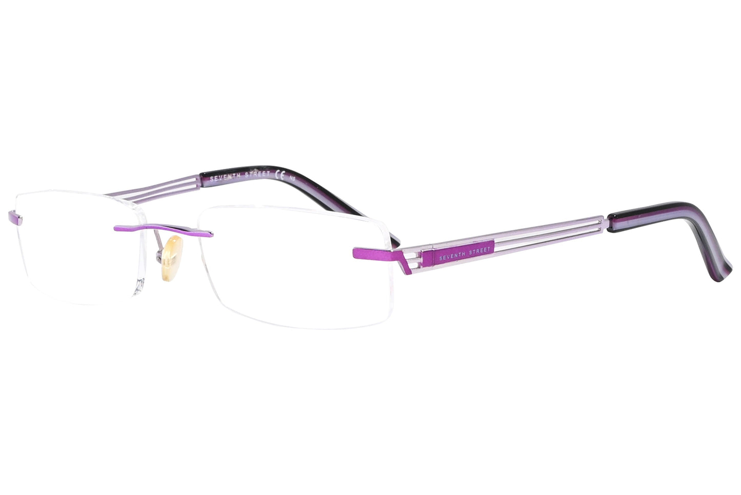 safilo rimless violet eyeglasses frame viewed from a 45-degree angle.