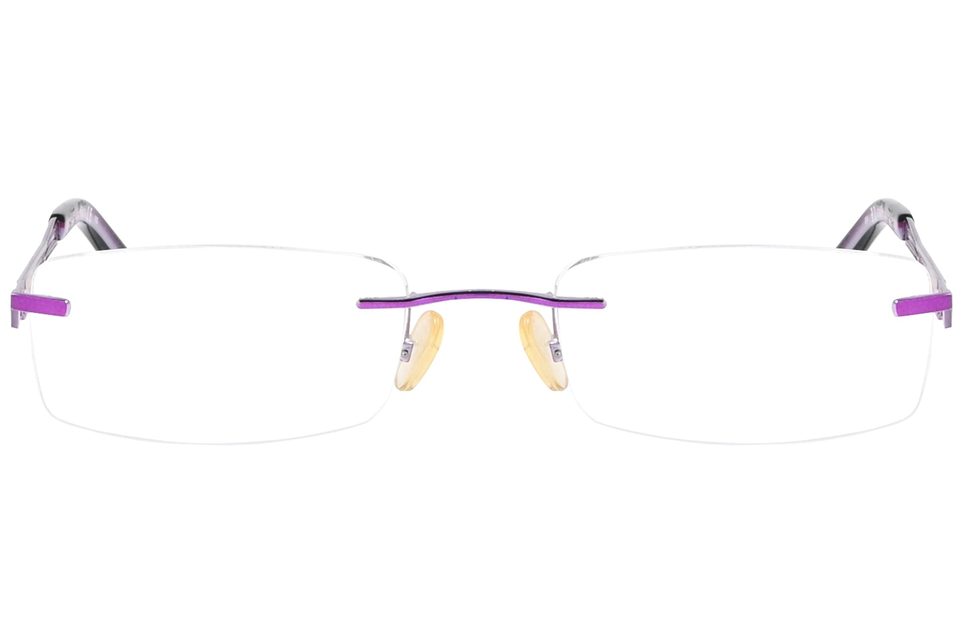 safilo rimless violet eyeglasses frame viewed from front angle.