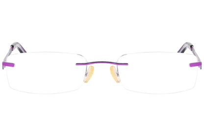 safilo rimless violet eyeglasses frame viewed from front angle.