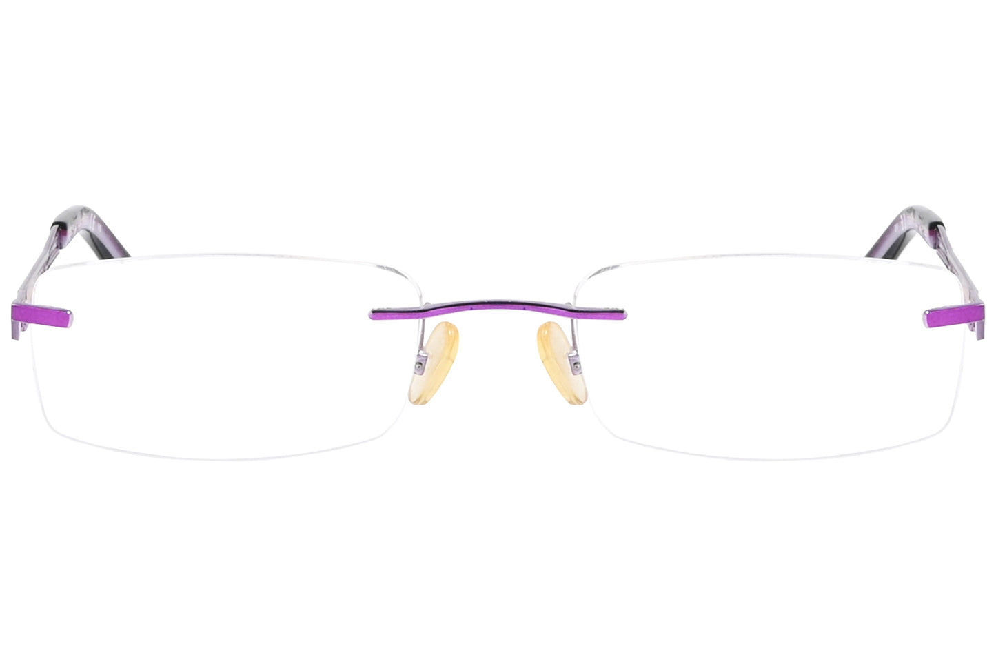 safilo rimless violet eyeglasses frame viewed from front angle.