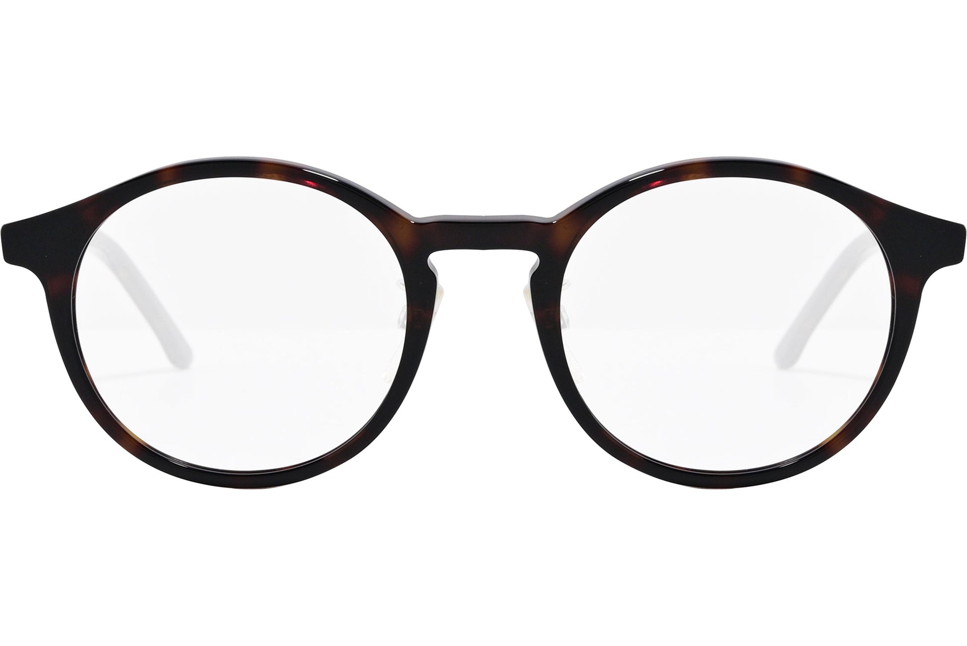 safilo round tortoise eyeglasses frame viewed from front angle.