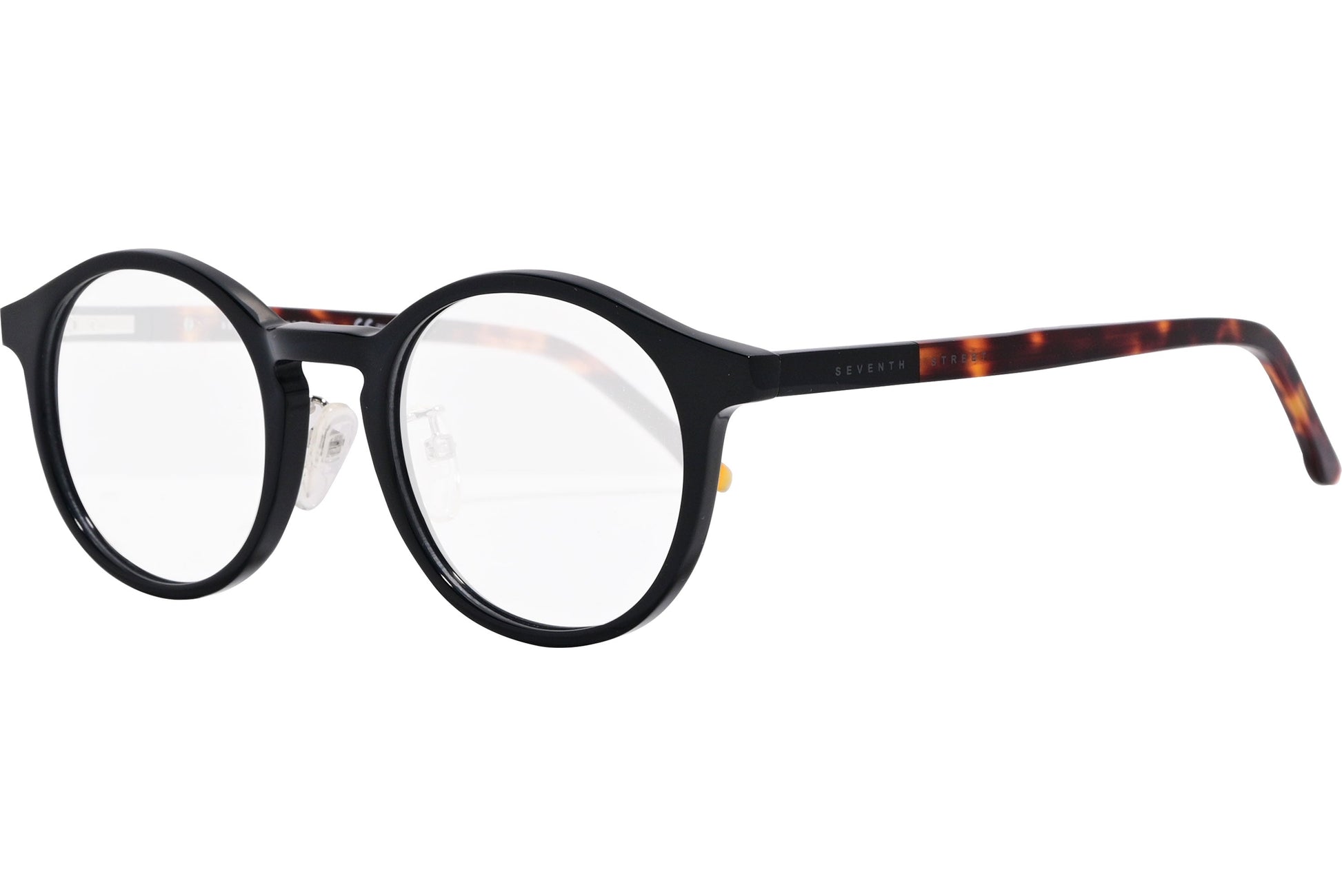 safilo round tortoise, black eyeglasses frame viewed from a 45-degree angle.