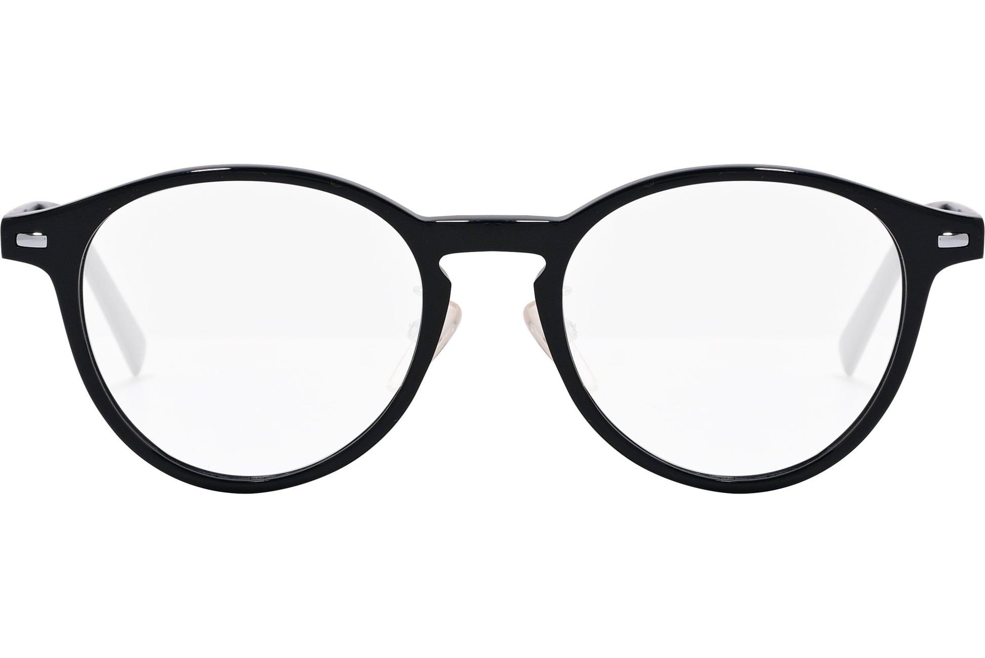 safilo round black eyeglasses frame viewed from front angle.