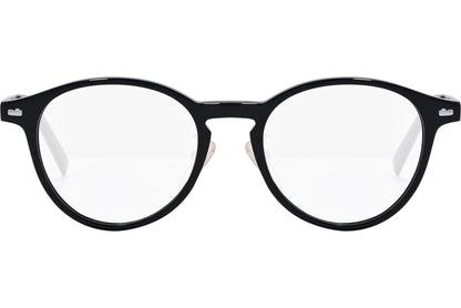 safilo round black eyeglasses frame viewed from front angle.