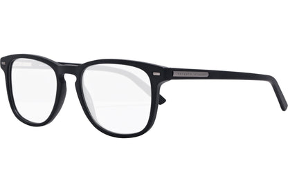 safilo square black eyeglasses frame viewed from a 45-degree angle.