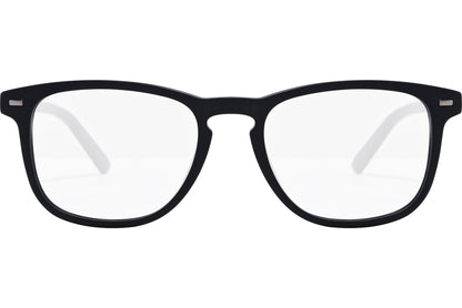 safilo square black eyeglasses frame viewed from front angle.