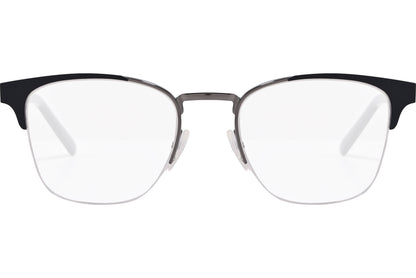 safilo square black eyeglasses frame viewed from front angle.