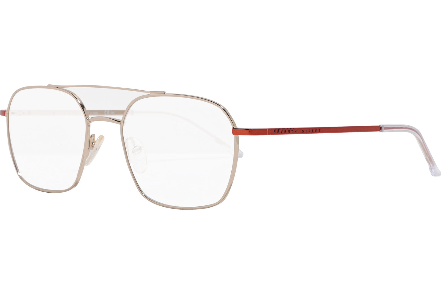 safilo aviator gold, red eyeglasses frame viewed from a 45-degree angle.