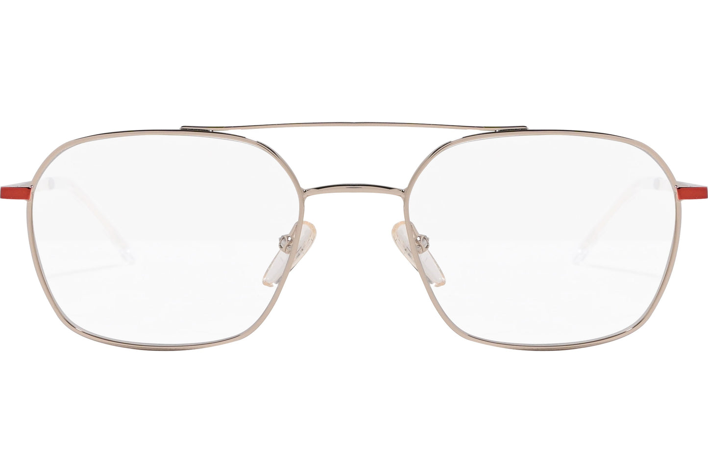 safilo aviator gold, red eyeglasses frame viewed from front angle.