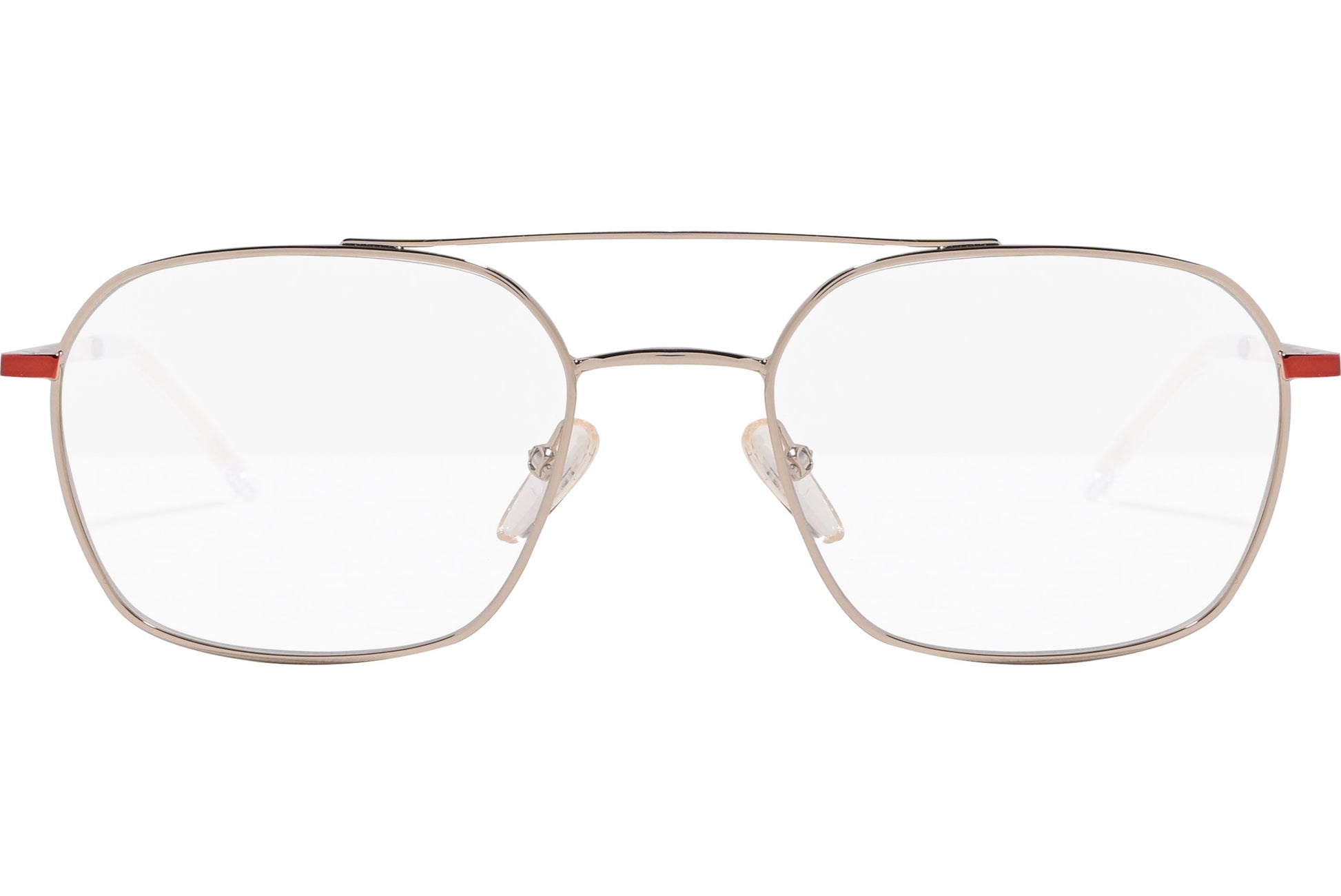 safilo aviator gold, red eyeglasses frame viewed from front angle.