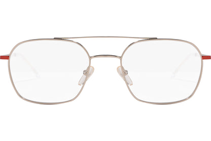 safilo aviator gold, red eyeglasses frame viewed from front angle.