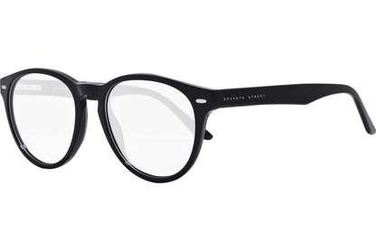 safilo round black eyeglasses frame viewed from a 45-degree angle.