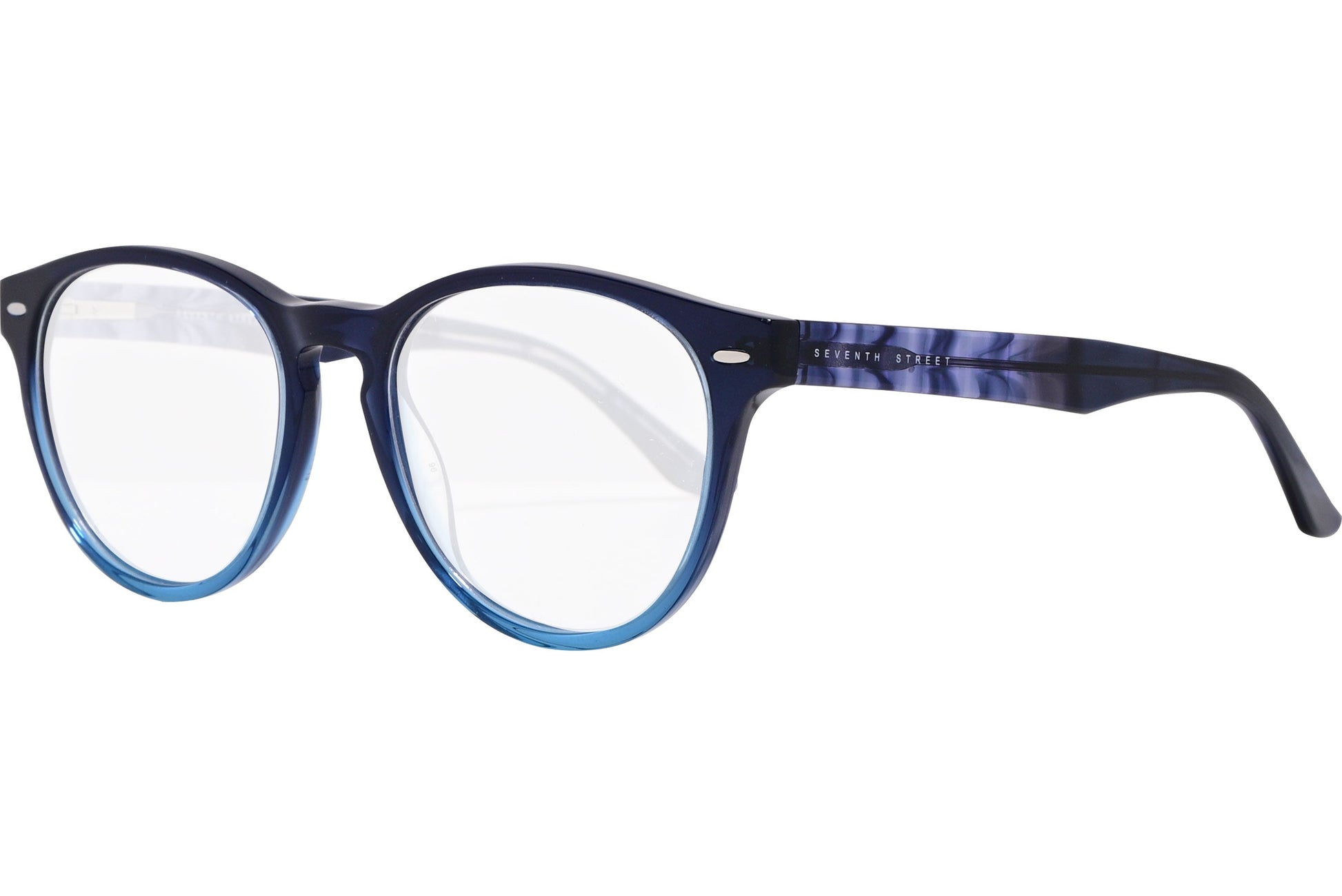 safilo oval blue eyeglasses frame viewed from a 45-degree angle.