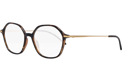 safilo hexagonal tortoise eyeglasses frame viewed from a 45-degree angle.