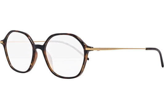 safilo hexagonal tortoise eyeglasses frame viewed from a 45-degree angle.