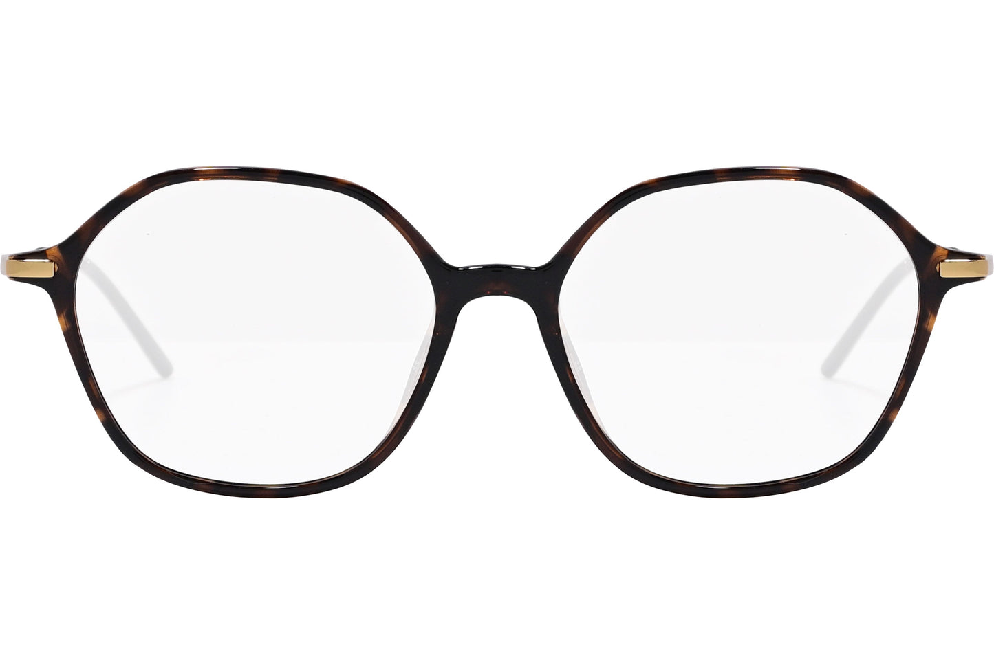 safilo hexagonal tortoise eyeglasses frame viewed from front angle.