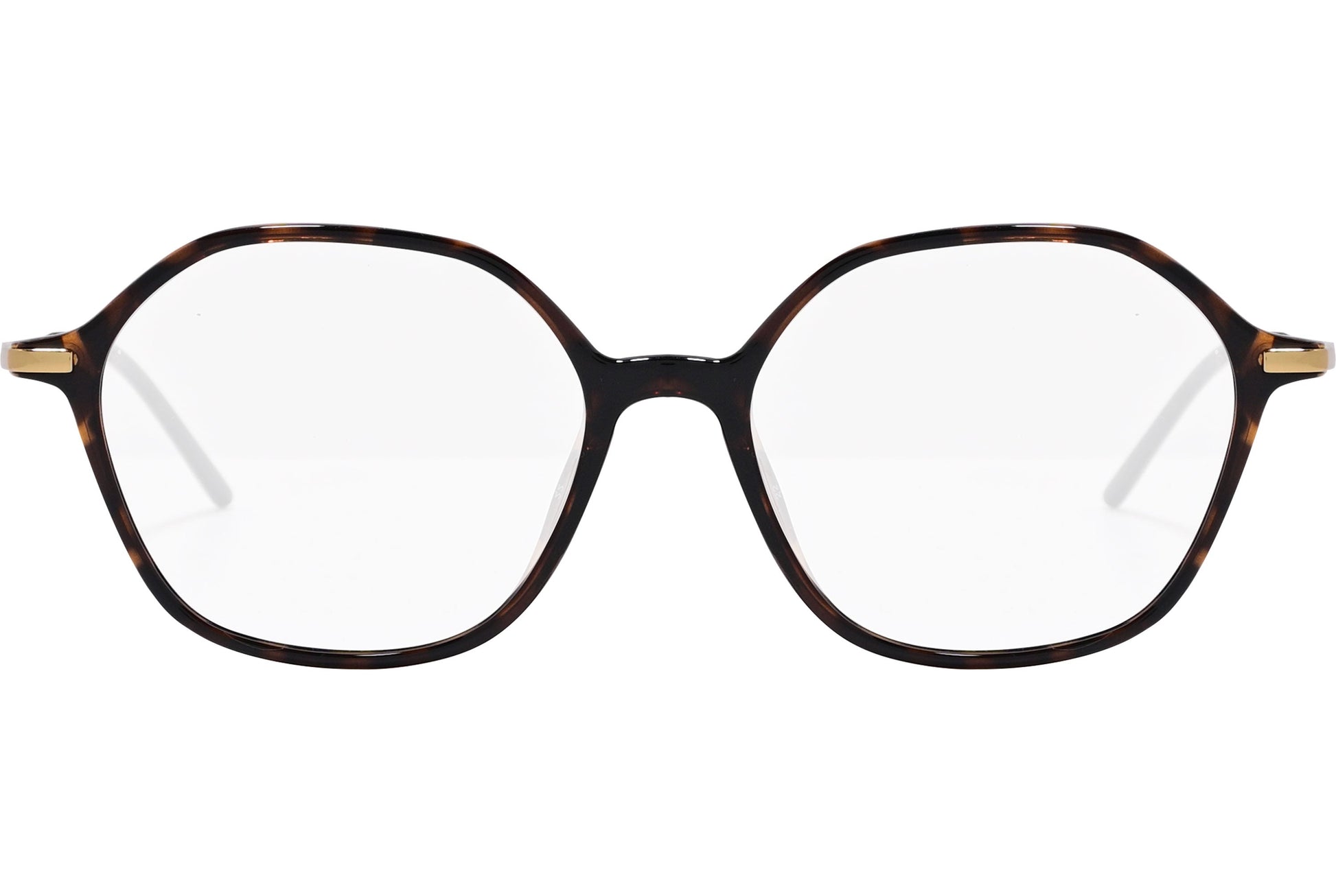 safilo hexagonal tortoise eyeglasses frame viewed from front angle.