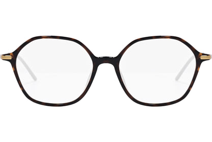 safilo hexagonal tortoise eyeglasses frame viewed from front angle.