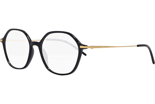 safilo hexagonal black, gold eyeglasses frame viewed from a 45-degree angle.