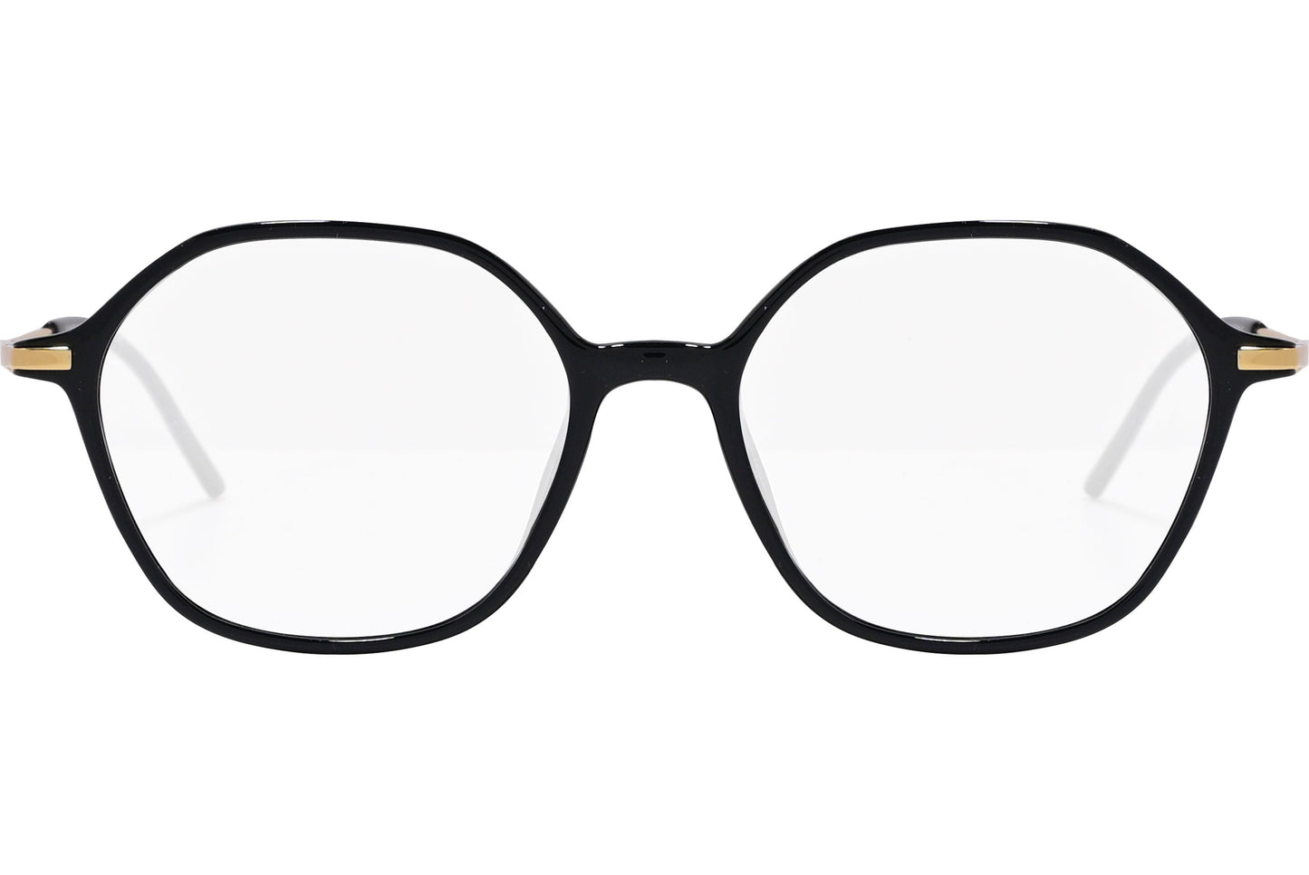 safilo hexagonal black, gold eyeglasses frame viewed from front angle.