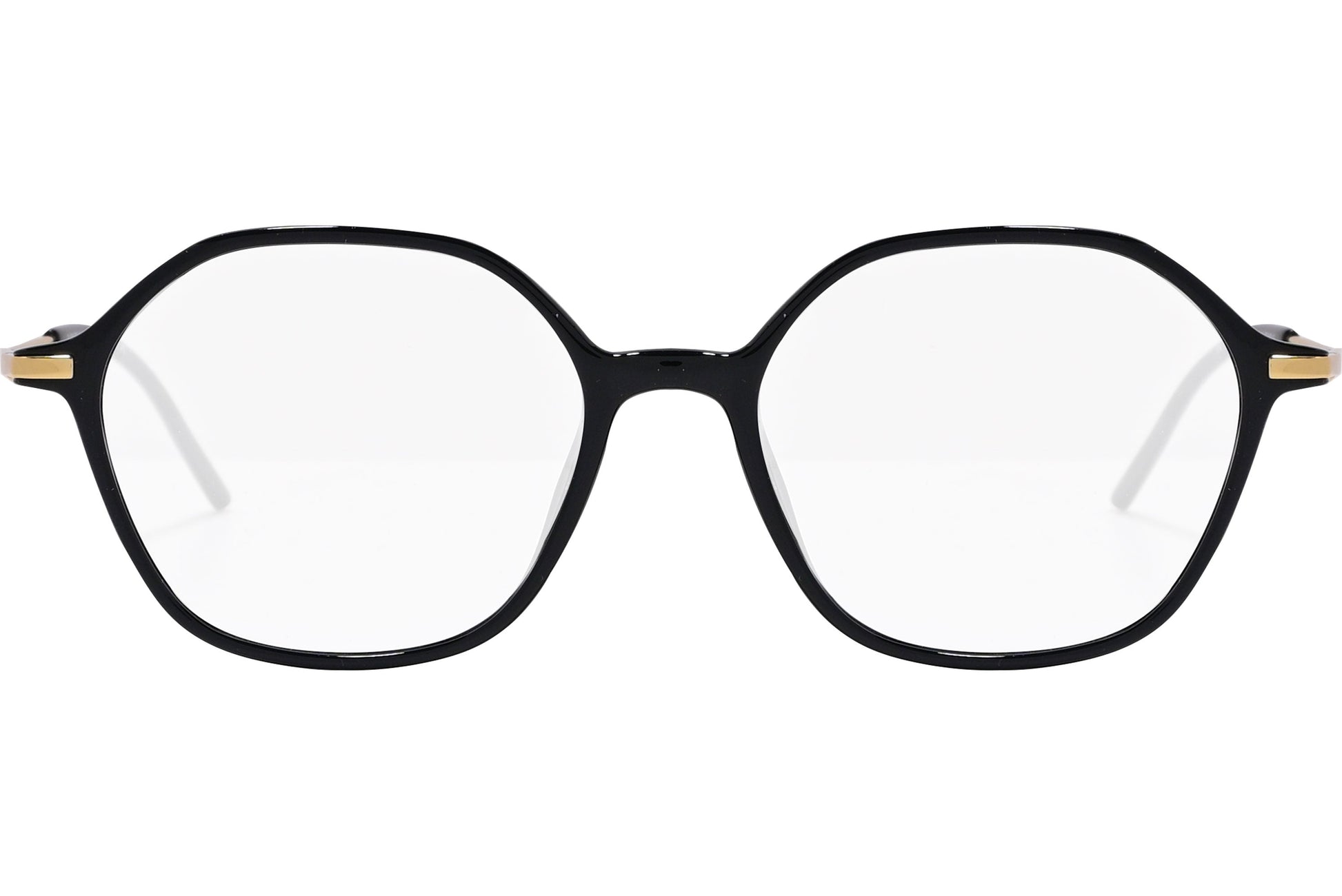 safilo hexagonal black, gold eyeglasses frame viewed from front angle.