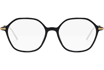 safilo hexagonal black, gold eyeglasses frame viewed from front angle.