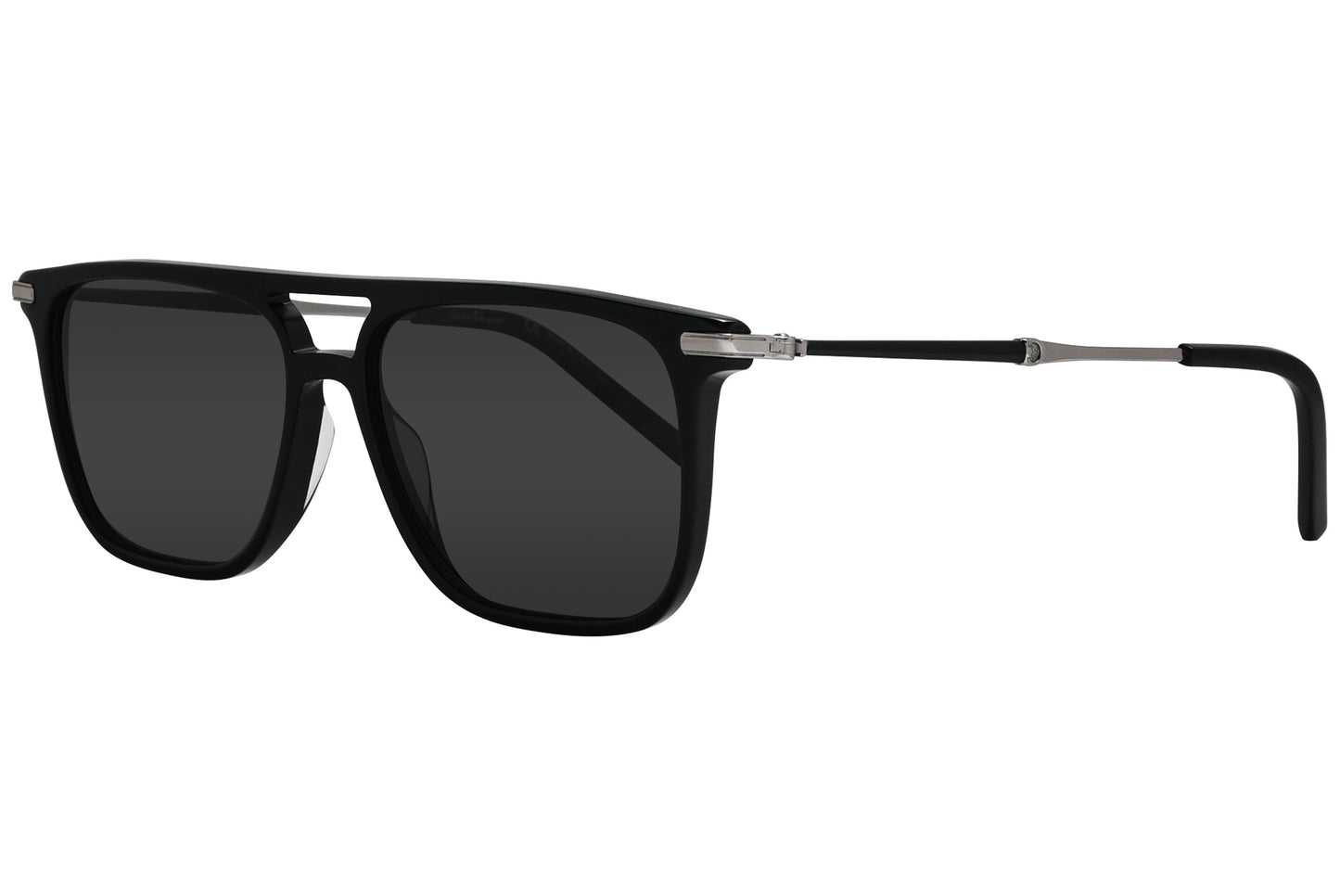 A pair of Wayfarer sunglasses with black frame and gray lenses.