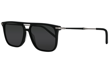 A pair of Wayfarer sunglasses with black frame and gray lenses.