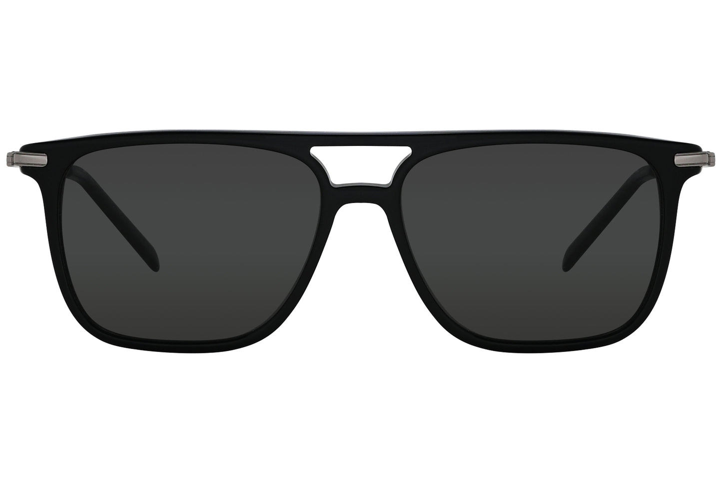 A pair of Wayfarer sunglasses with black frame and gray lenses.