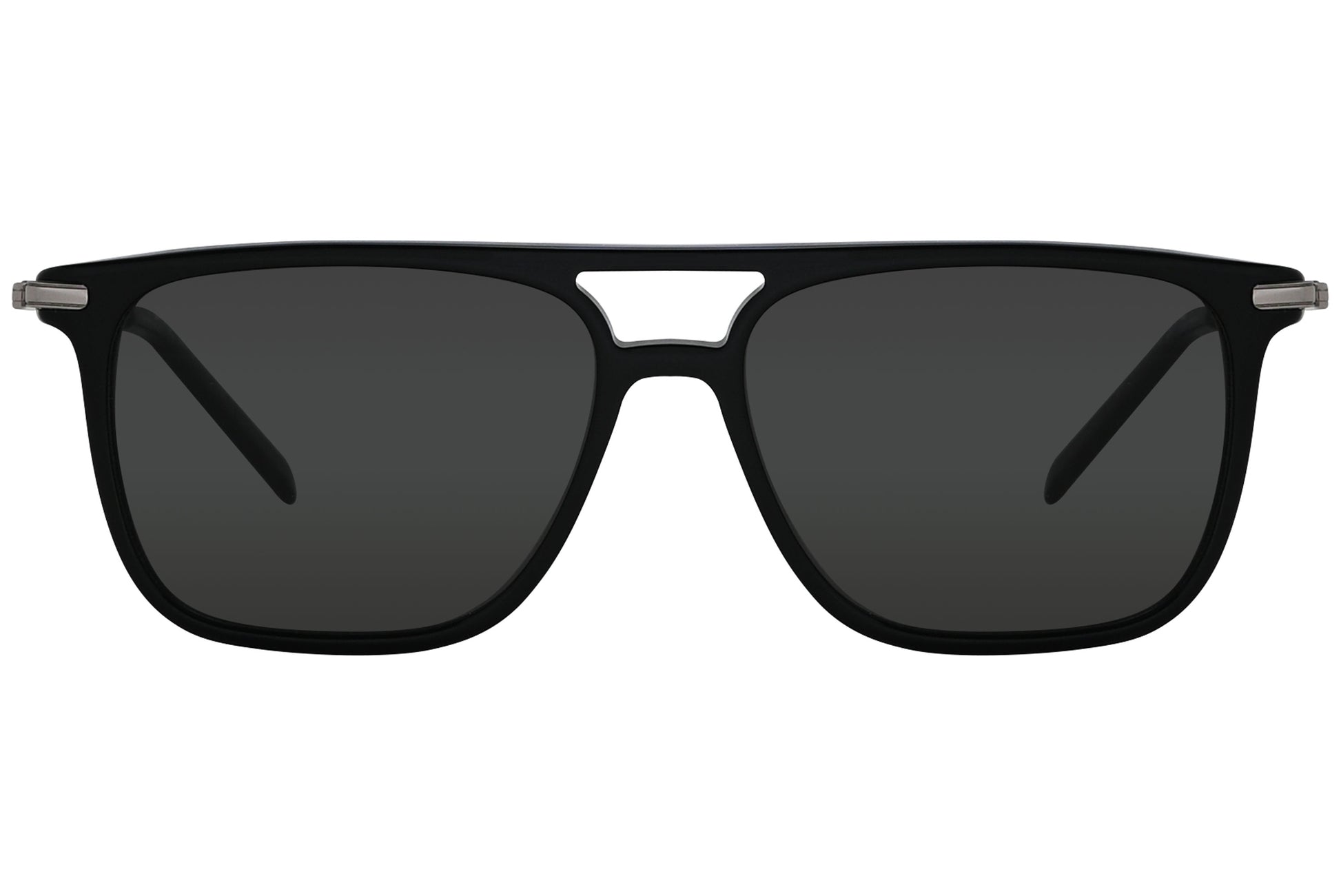 A pair of Wayfarer sunglasses with black frame and gray lenses.