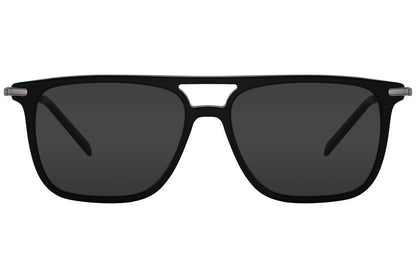 A pair of Wayfarer sunglasses with black frame and gray lenses.